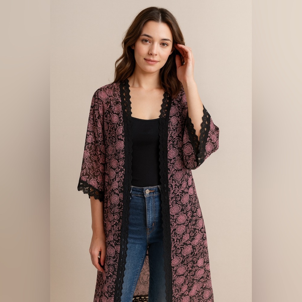 LuLaRoe Floral Lace Kimono Duster Pink & Black Sheer Cardigan Size S
